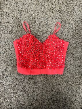 Embellished Red Beaded Crop Bustier Top